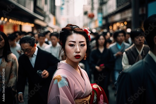 Beauty geisha standing on traditional streets