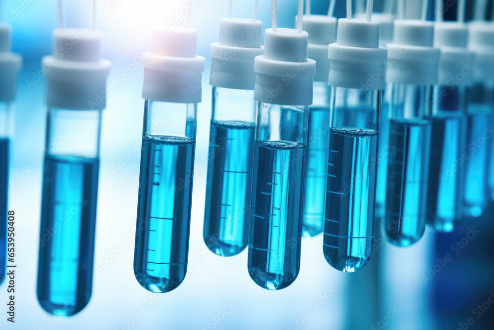 Row of test tubes filled with blue liquid. Can be used for scientific research or laboratory experiments. Row of test tubes filled with blue liquid. Can be used for scientific research or laboratory experiments.