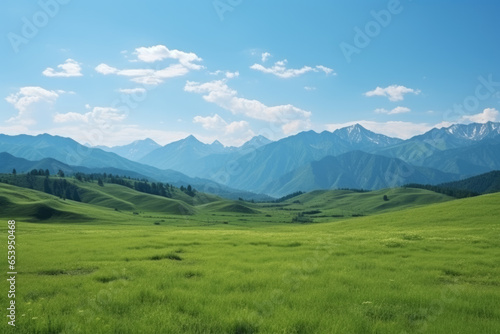 Captivating scenery showcasing lush green hills and majestic mountains under a clear blue sky. Perfect for nature, travel, and serene-themed projects.