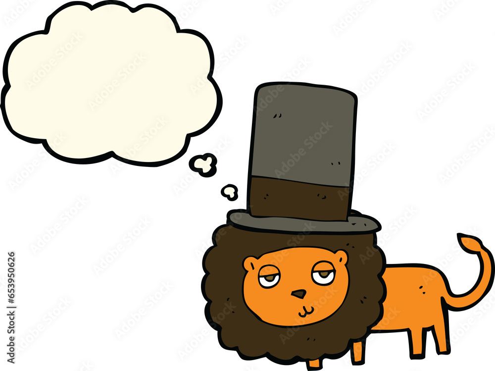 cartoon lion in top hat with thought bubble
