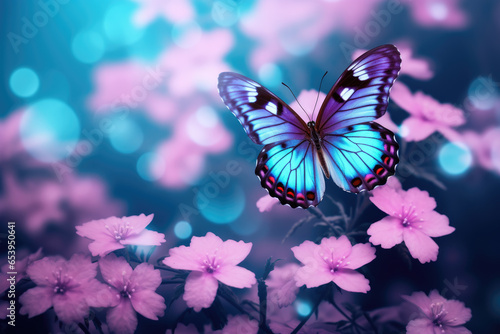 Graceful blue butterfly in flight over vibrant pink flowers, set against a backdrop of purple and blue hues. Ideal for nature, beauty, and color harmony-themed visuals.