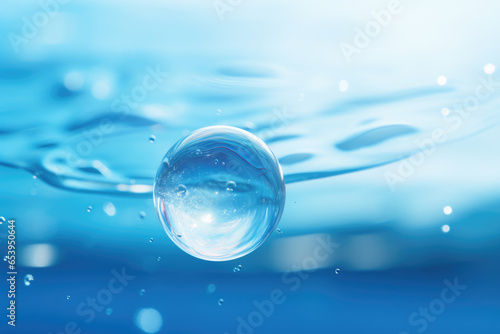 Single water droplet suspended gracefully on a serene blue background. Perfect for nature, purity, and tranquility-themed visuals.