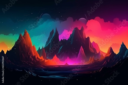 Abstract neon space landscape with star nebulae  moon  mountains  and fog. Unreal fantasy world with silhouettes  horoscope  zodiac signs. Generative AI