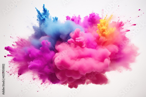 Colorful powder explosion captured against a clean white background. Ideal for vibrant celebrations and dynamic concepts.