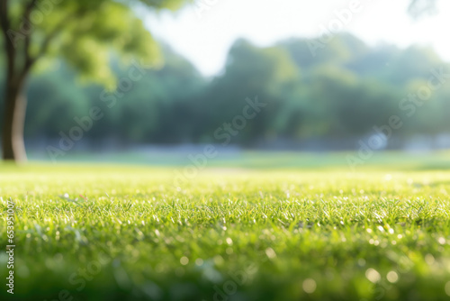 Serene scene of an outdoor green lawn with lush grass and tall trees, providing a peaceful and refreshing view of nature's beauty.