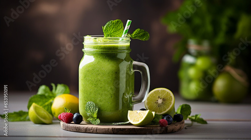 Close-up of green smoothie of kiwi and green vegetables on the table. 