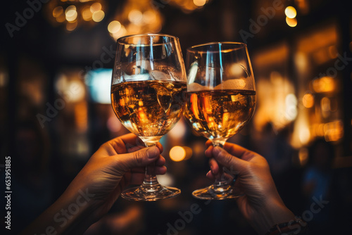 person holding a glass of champagne in front of golden bokeh lights. background is light and blurred, festive and celebratory feel. festive mood, luxury, and sophistication