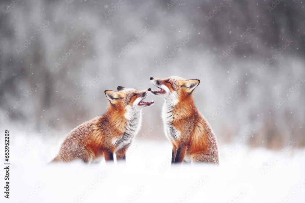 two foxes playing in the winter forest. sense of playfulness and joy. fresh snow and snow-covered trees