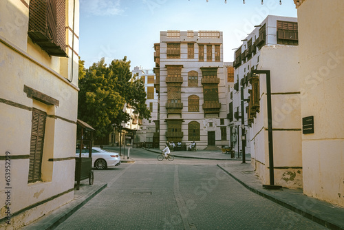 Traditional architecture of old Jeddah town El Balad district houses with wooden windows and balconies Unesco Heritage site in Jeddah Saudi Arabia photo