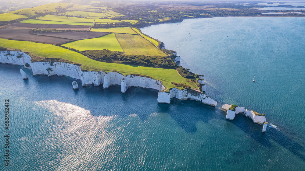 Amazing panorama aerial view of the famous Old Harry Rocks, the most eastern point of the Jurassic Coast, a UNESCO World Heritage Site - obrazy, fototapety, plakaty 