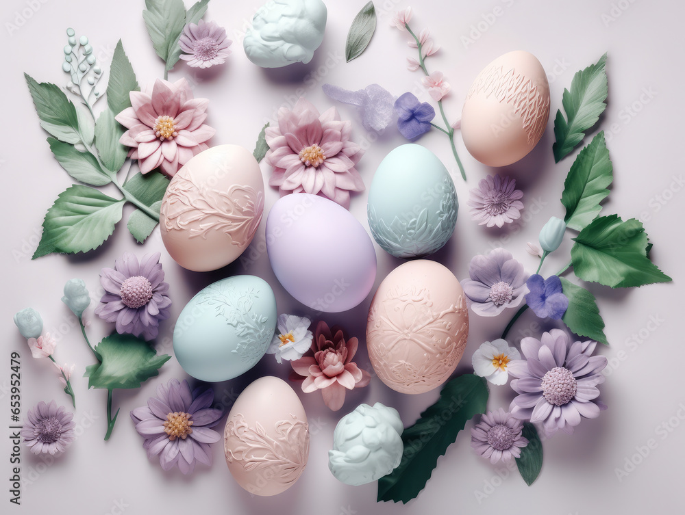 Top-down view of beautifully arranged pastel colorful Easter eggs surrounded by flowers on a tabletop. Ideal for Easter-themed projects, spring decorations, and festive designs.
