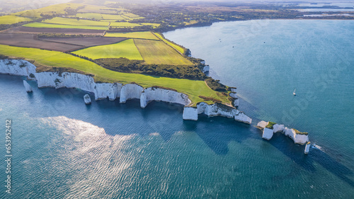 Amazing panorama aerial view of the famous Old Harry Rocks, the most eastern point of the Jurassic Coast, a UNESCO World Heritage Site photo