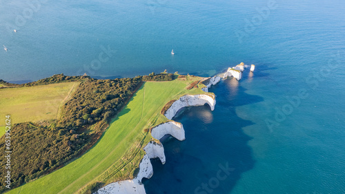 Amazing aerial view of the famous Old Harry Rocks, the most eastern point of the Jurassic Coast, a UNESCO World Heritage Site, UK photo