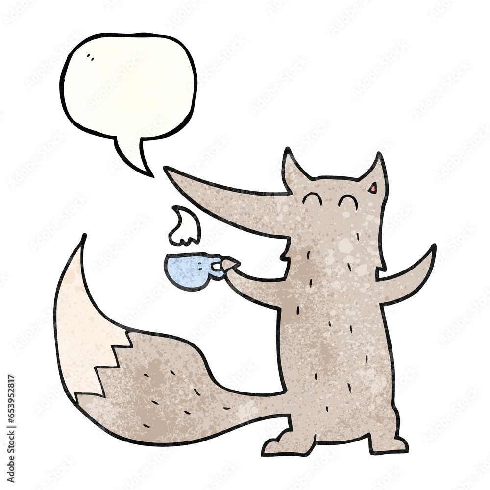 freehand speech bubble textured cartoon wolf with coffee cup freehand speech bubble textured cartoon wolf with coffee cup