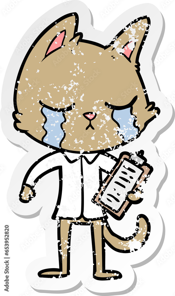 distressed sticker of a crying cartoon business cat distressed sticker of a crying cartoon business cat