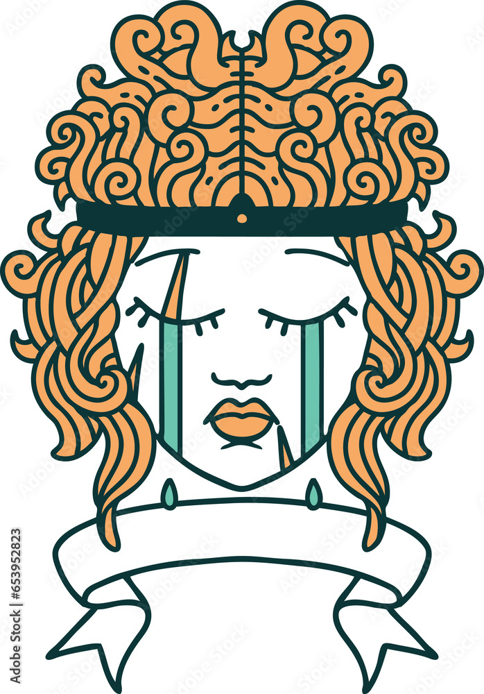 Retro Tattoo Style crying human barbarian with banner Retro Tattoo Style crying human barbarian with banner