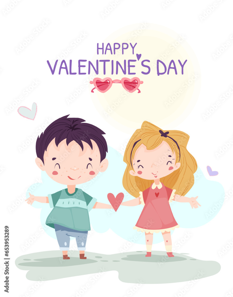 Happy Valentines Day poster. Cute birthday card with smiling little kids holding pink heart. Love and romance concept. Poster for holiday February 14. Cartoon flat vector illustration