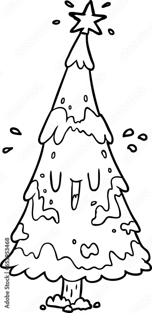 line drawing of a snowy christmas tree with happy face