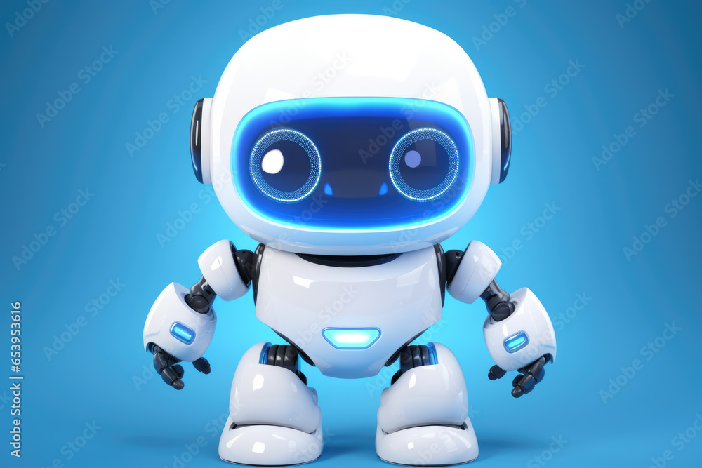 White robot with blue eyes stands on blue background. This image can be used to depict technology, artificial intelligence, or futuristic concepts.