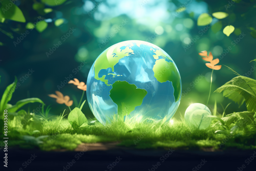 Picture shows Earth nestled in bed of vibrant green grass. This image can be used to represent environment, nature, or concept of global connectivity.