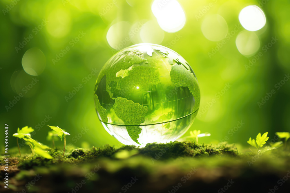 Glass globe sitting on top of lush green field. This picture can be used to represent concepts such as global connectivity, environmental conservation, or travel destinations. Glass globe sitting on top of lush green field. This picture can be used to represent concepts such as global connectivity, environmental conservation, or travel destinations.