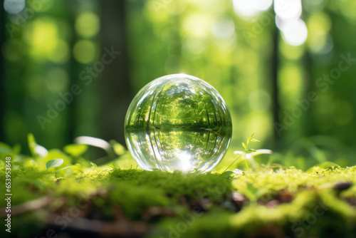 Glass ball sitting on top of lush green forest. Perfect for nature and outdoor-themed designs.