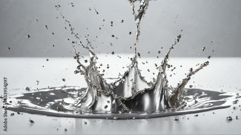 Liquid silver splash close up. Side view on white background. Liquid ...