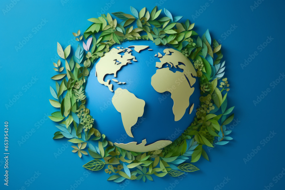 planet Earth with green leaves wrapped around it, symbolizing nature, ecology, and care for environment, sustainable development