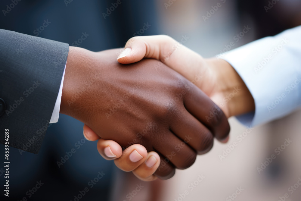 Close-up image of two people shaking hands. This picture can be used to illustrate business deals, partnerships, or agreements. Close-up image of two people shaking hands. This picture can be used to illustrate business deals, partnerships, or agreements.
