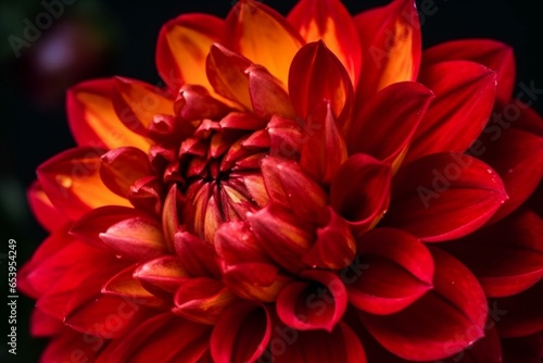 Colorful dahlia flower in red with vibrant petals and stamen. Generative AI © Harlow