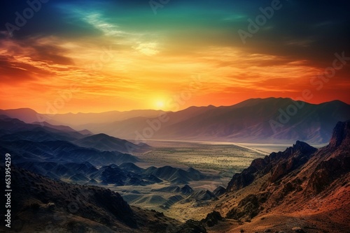 A stunning sunset over beautiful mountains: a captivating landscape view. Generative AI