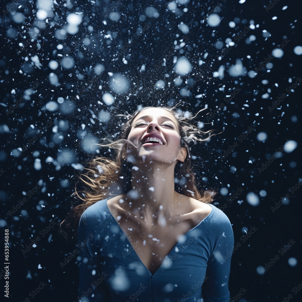 Young Woman Enjoying a Playful Moment in the Snow - Embracing the Joy of Winter Nights and Snowfall's Beauty. Generative AI.