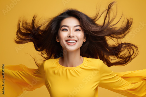 Woman in yellow dress smiling and gracefully waving her hair. This vibrant image captures joy and beauty. Perfect for fashion, lifestyle, and summer-themed projects.