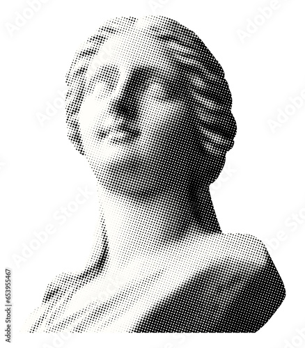 ancient female bust sculpture isolated in retro grunge halftone dotted texture vintage cut out black white collage element for mixed media design