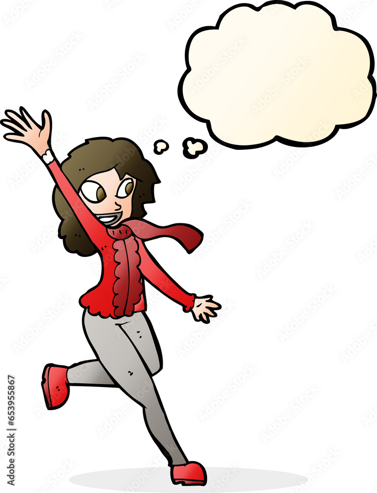 cartoon woman waving dressed for winter with thought bubble cartoon woman waving dressed for winter with thought bubble
