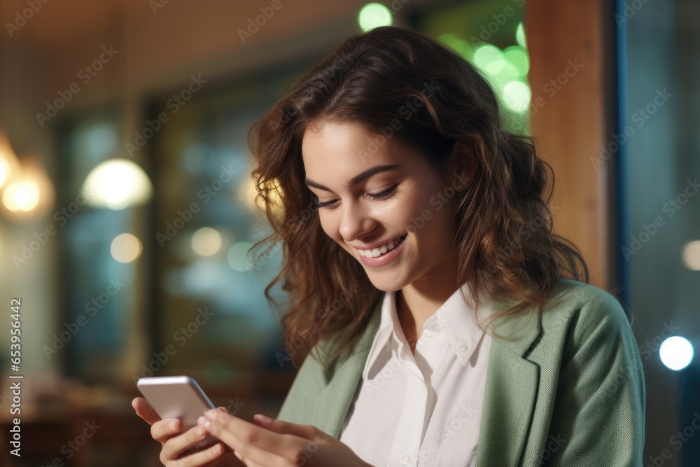 Woman is shown smiling while looking at her cell phone. This image can be used to depict happiness, technology, communication, social media, or modern lifestyle. Woman is shown smiling while looking at her cell phone. This image can be used to depict happiness, technology, communication, social media, or modern lifestyle.