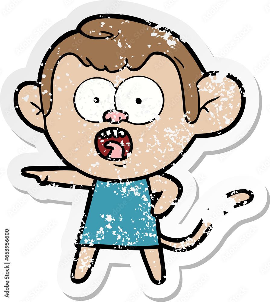 distressed sticker of a cartoon shocked monkey distressed sticker of a cartoon shocked monkey