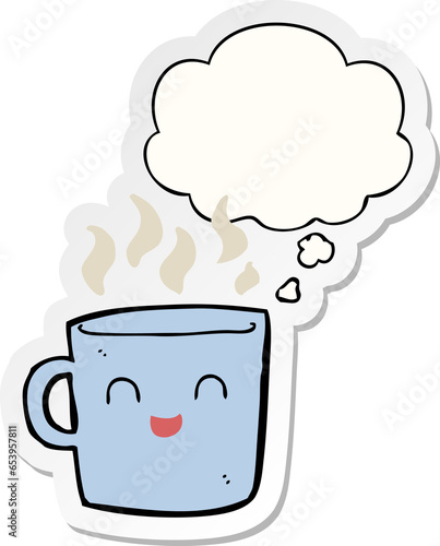 cute coffee cup cartoon with thought bubble as a printed sticker