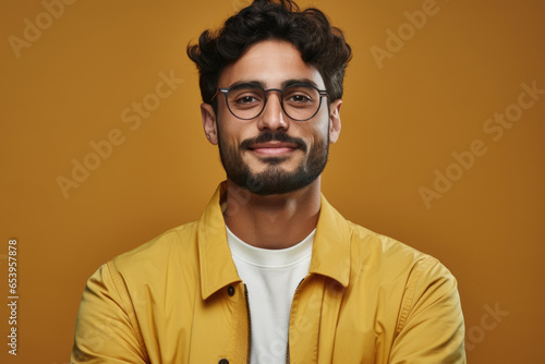 Man wearing glasses and yellow jacket. This versatile image can be used to depict various concepts related to fashion, style, outdoor activities, or everyday life.