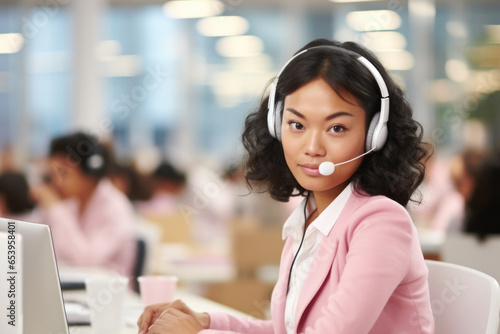 Woman wearing headset is seated in front of laptop, engaged in work. This image can be used to depict professional working remotely or in customer service role.