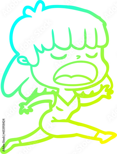 cold gradient line drawing of a cartoon woman talking loudly