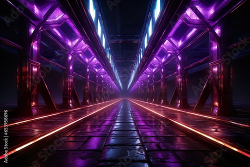 Neon Laser Purple Blue Parking Sci Fi Futuristic Alien Spaceship Concrete Stone Cement Purple Blue Glowing Corridor Tunnel Showroom Hangar Underground Hallway Basement 3D Rendering | Generative AI