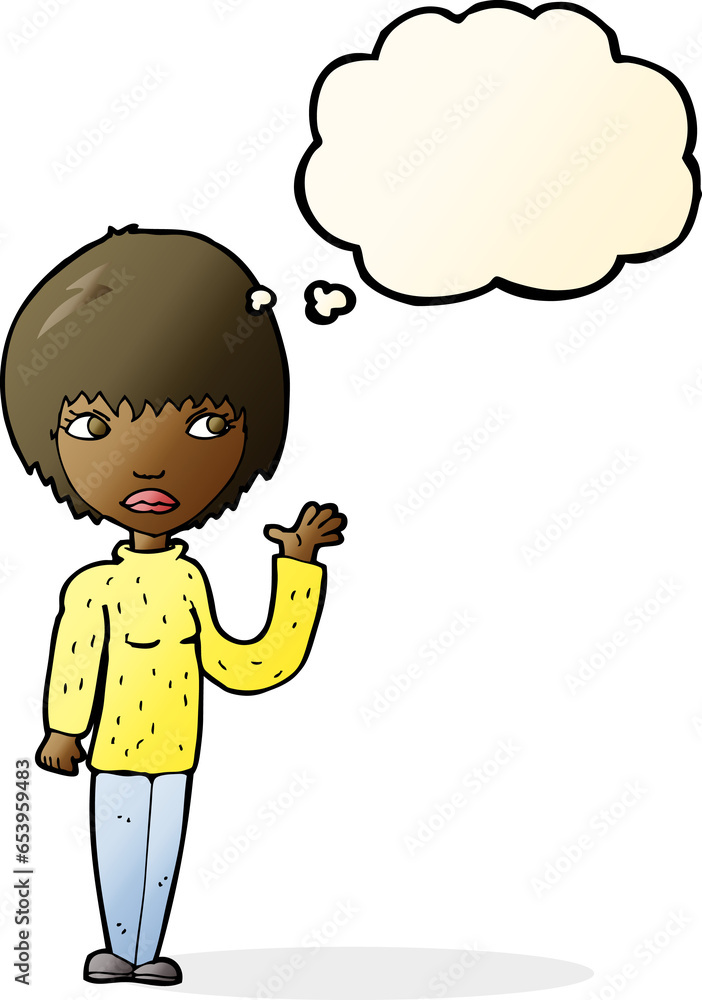 cartoon woman waving with thought bubble cartoon woman waving with thought bubble