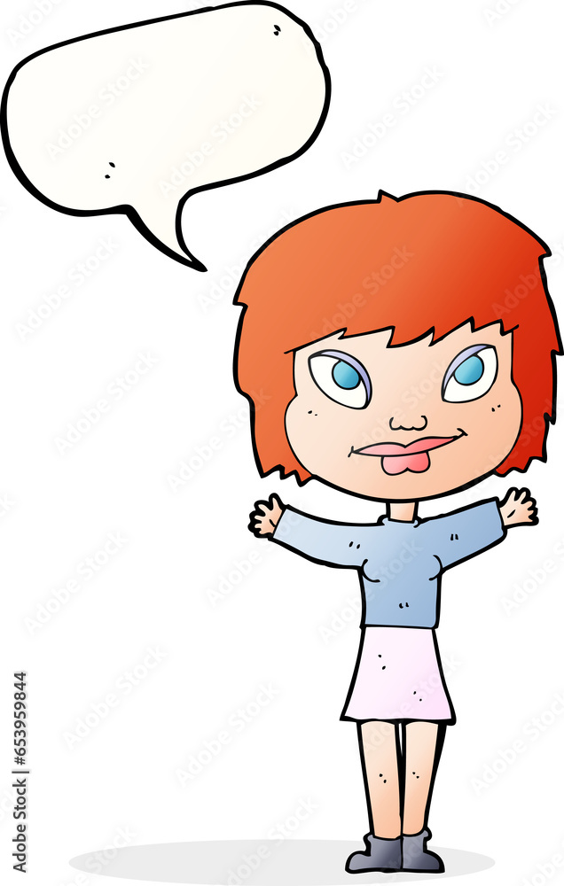 cartoon woman waving arms with speech bubble