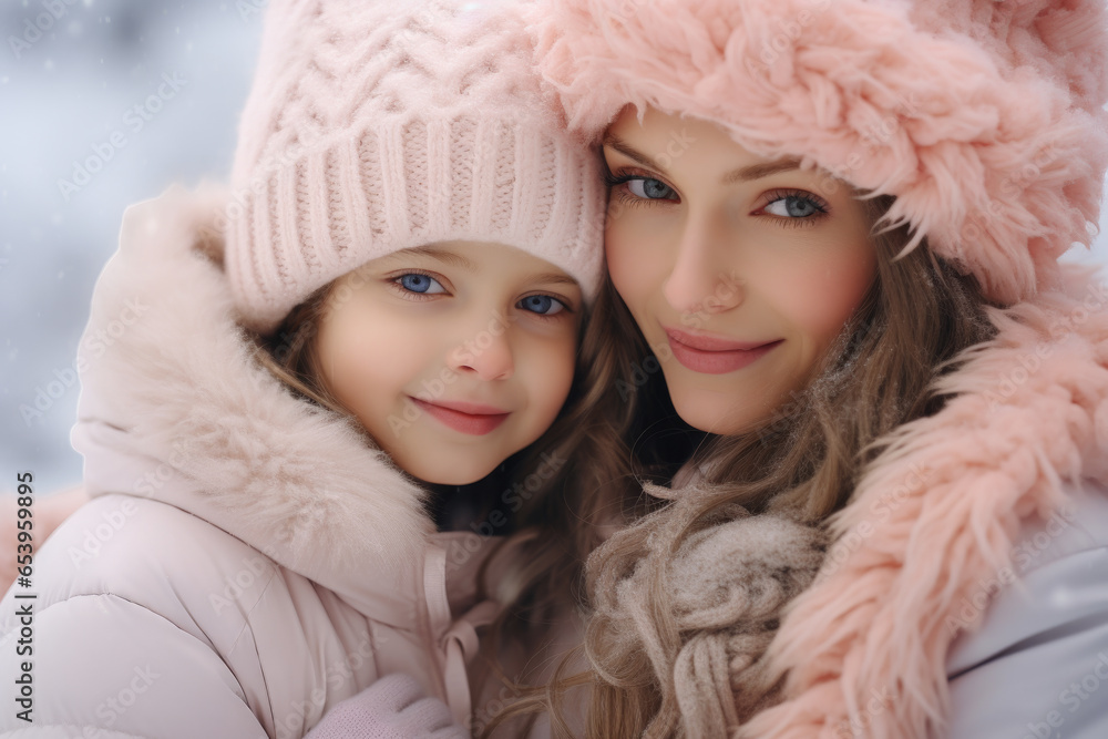 A woman and a little girl dressed in warm winter clothing. This image can be used to depict a mother and daughter spending time outdoors during the winter season. A woman and a little girl dressed in warm winter clothing. This image can be used to depict a mother and daughter spending time outdoors during the winter season.