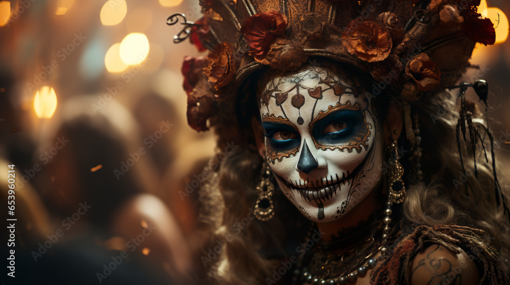 Portrait of woman in costume in cheerful Halloween party atmosphere. Charming woman in festive creativity in living expression of Halloween magic. Portrait of woman in costume in cheerful Halloween party atmosphere. Charming woman in festive creativity in living expression of Halloween magic.