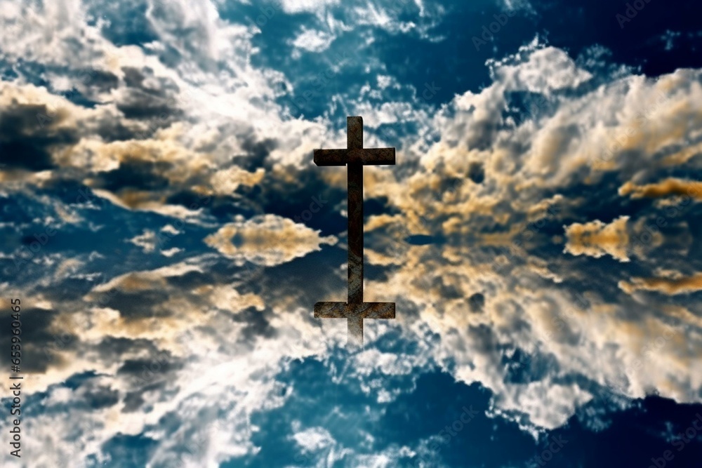 Marble, Christian, Jesus, Cross, Heaven, Clouds, Painting, Divine. Generative AI