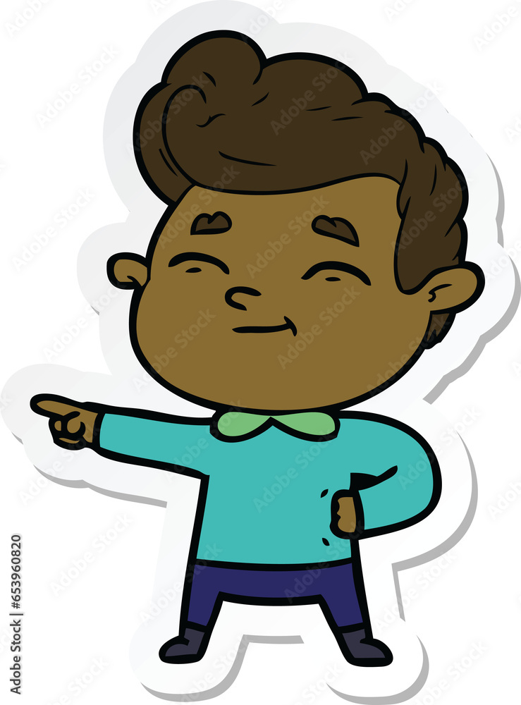 sticker of a happy cartoon man pointing sticker of a happy cartoon man pointing