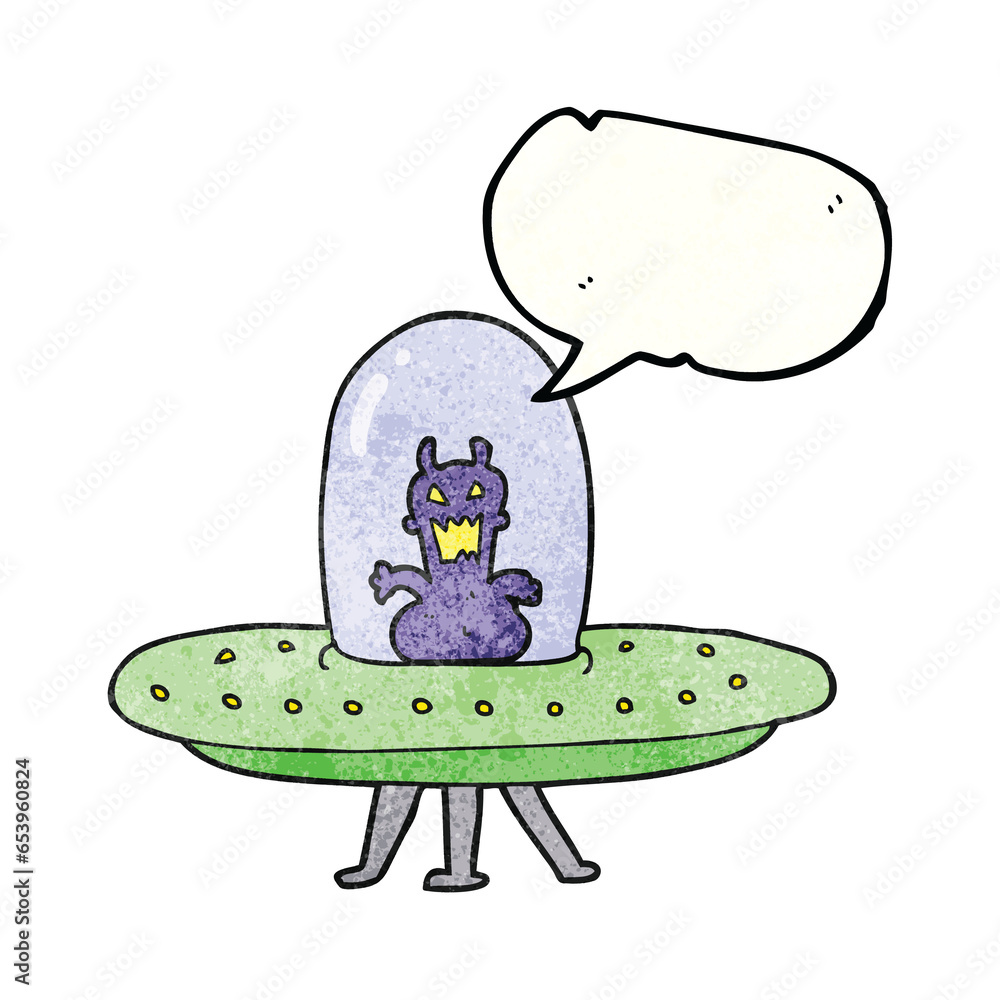 freehand speech bubble textured cartoon alien in flying saucer freehand speech bubble textured cartoon alien in flying saucer