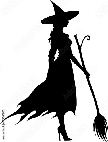 Vector halloween witch with broom silhouettes illustration icon. Vector with with witch hat icon